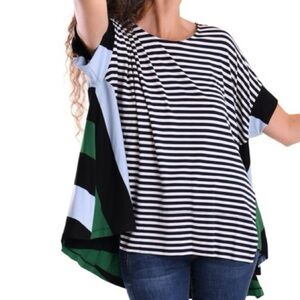 [M]Alembika Striped Mixed Media Jersey Top Flowy Relaxed